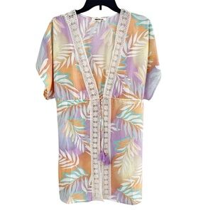 Miken Swim Cover Up Colorful Leaf Print Kimono with Lace Trim Medium